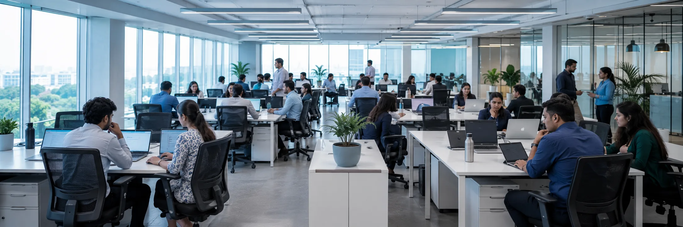 A busy open-plan office floor, employees working at their desks across the width of the room