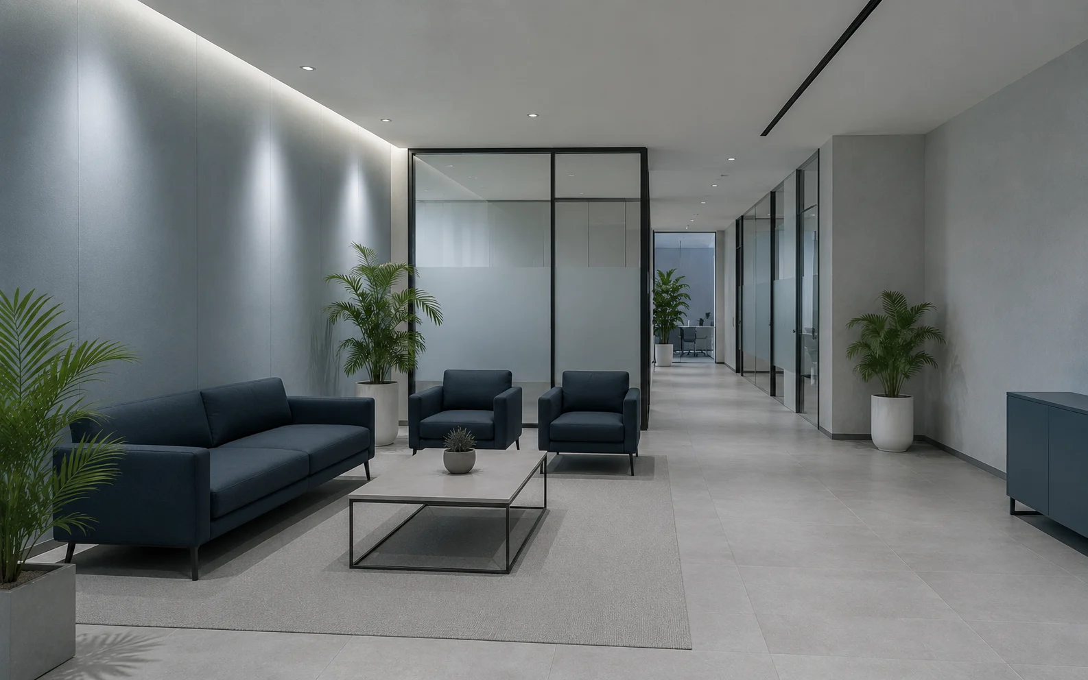 A quiet, empty reception area in a modern office
