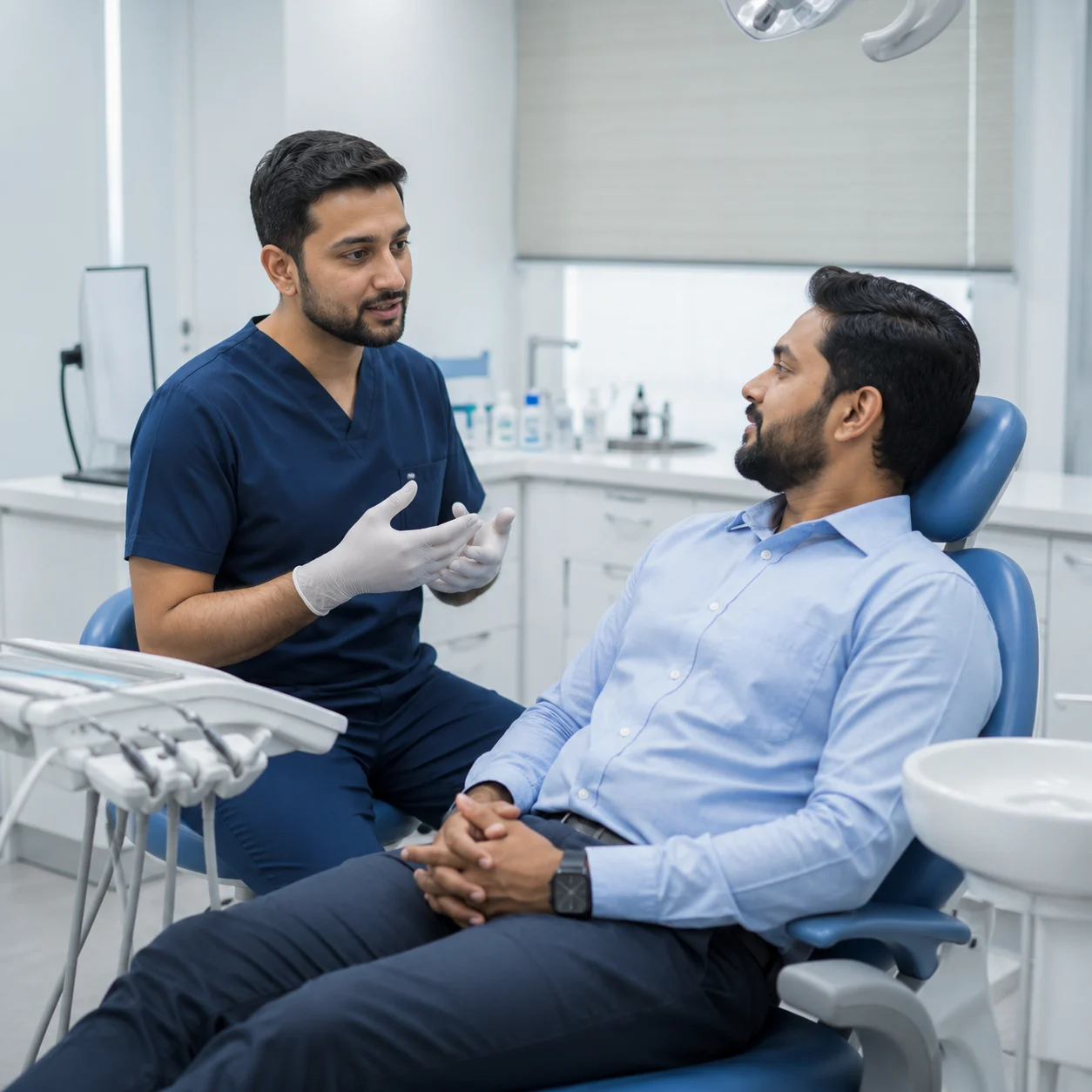 A dentist explaining treatment to a relaxed patient in a modern clinic