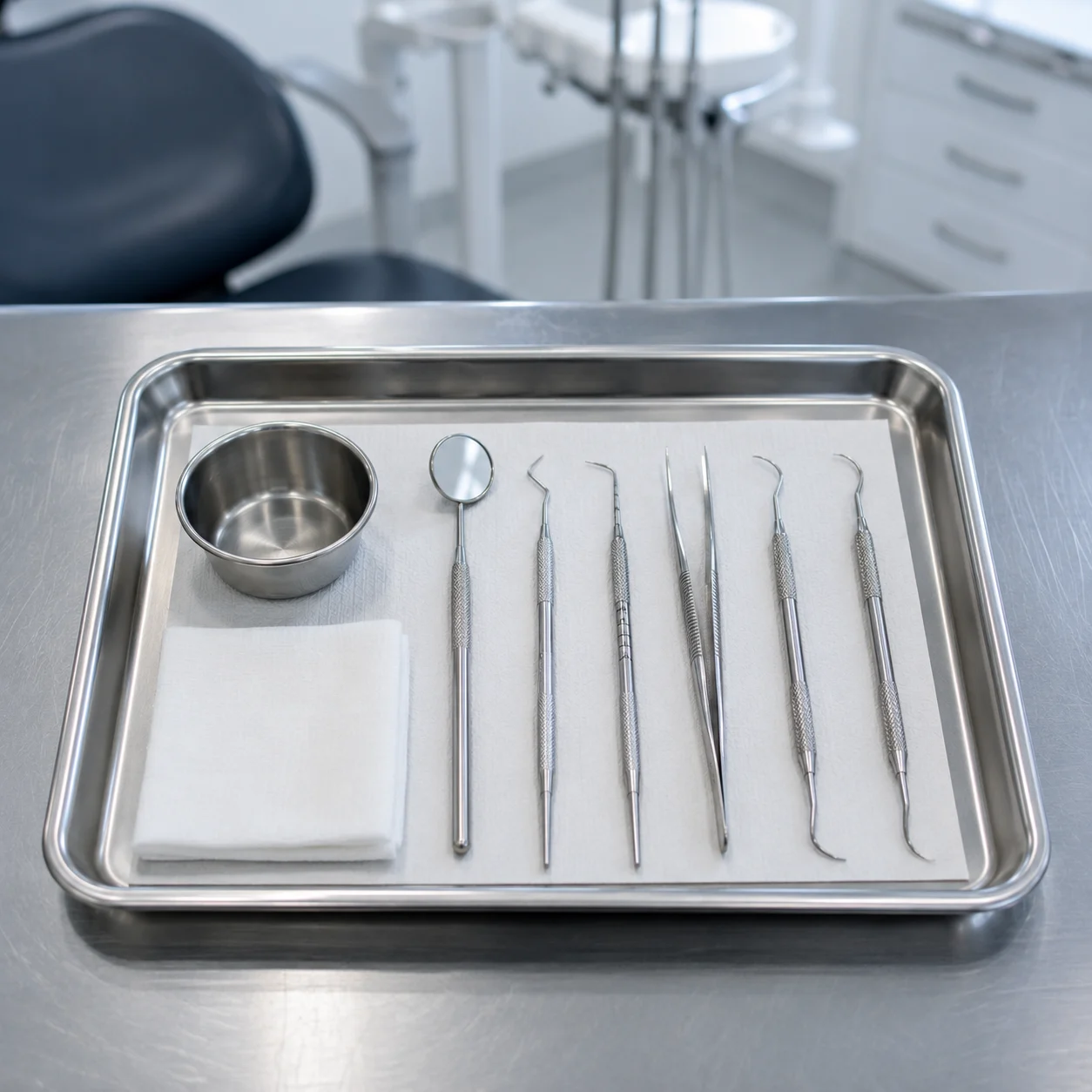 A sterile tray of dental examination instruments laid out ready for a check-up