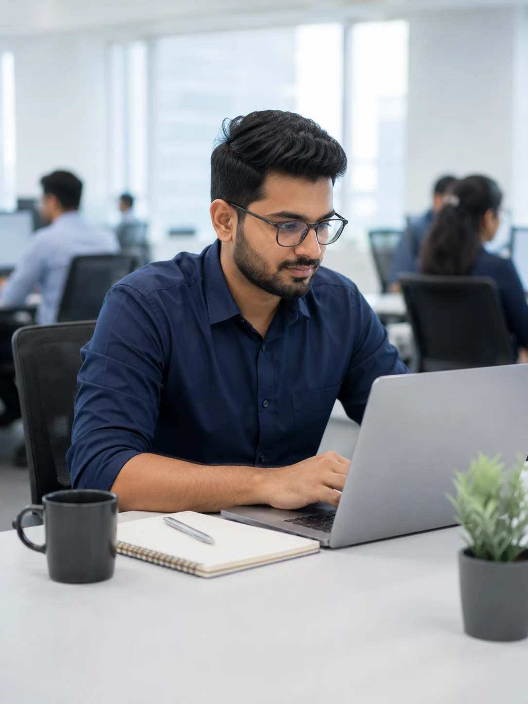 An employee working, focused and unhurried, at their desk