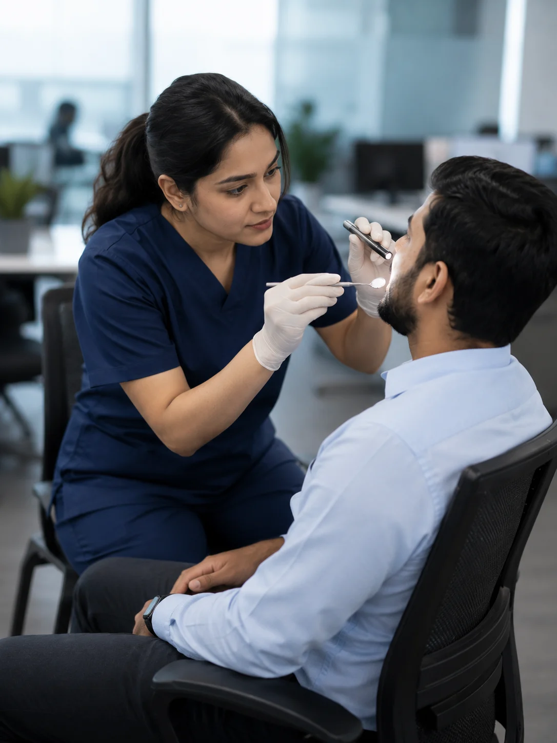 A dentist screening a seated employee at their workplace