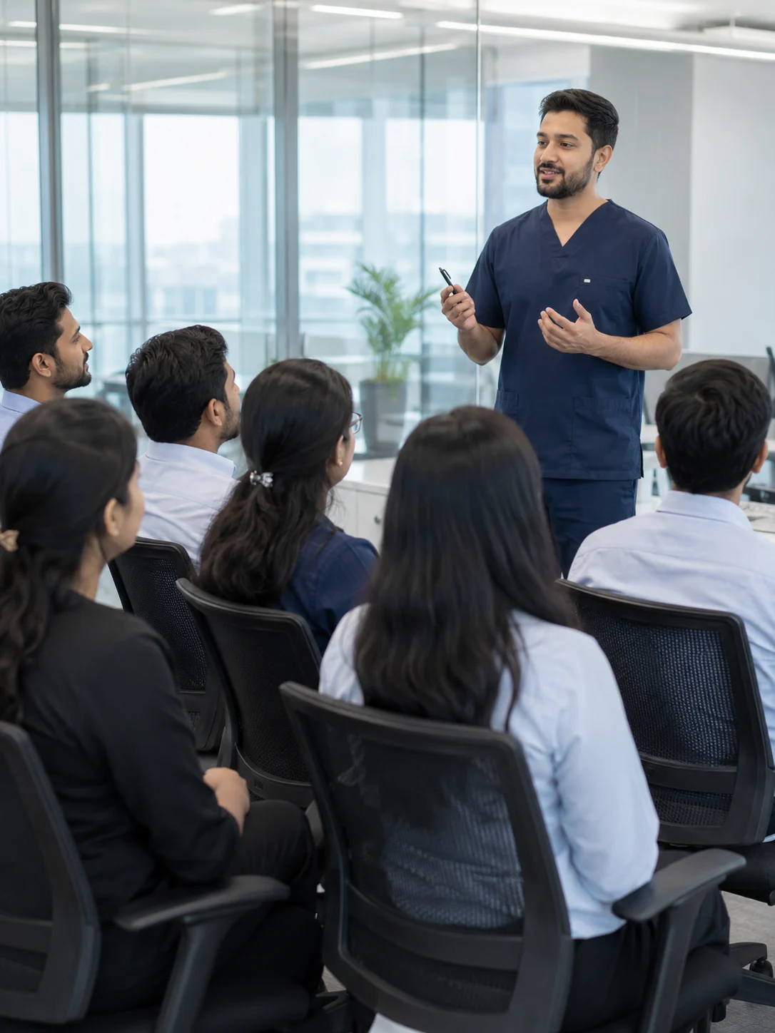 A clinician running a dental awareness session for seated employees in an office