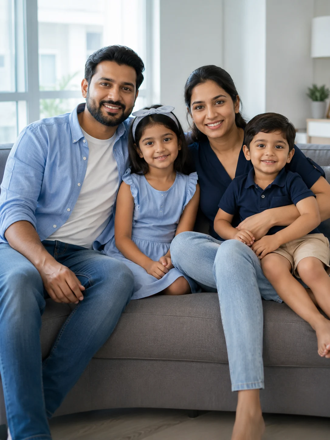 Two parents and their two children together at home